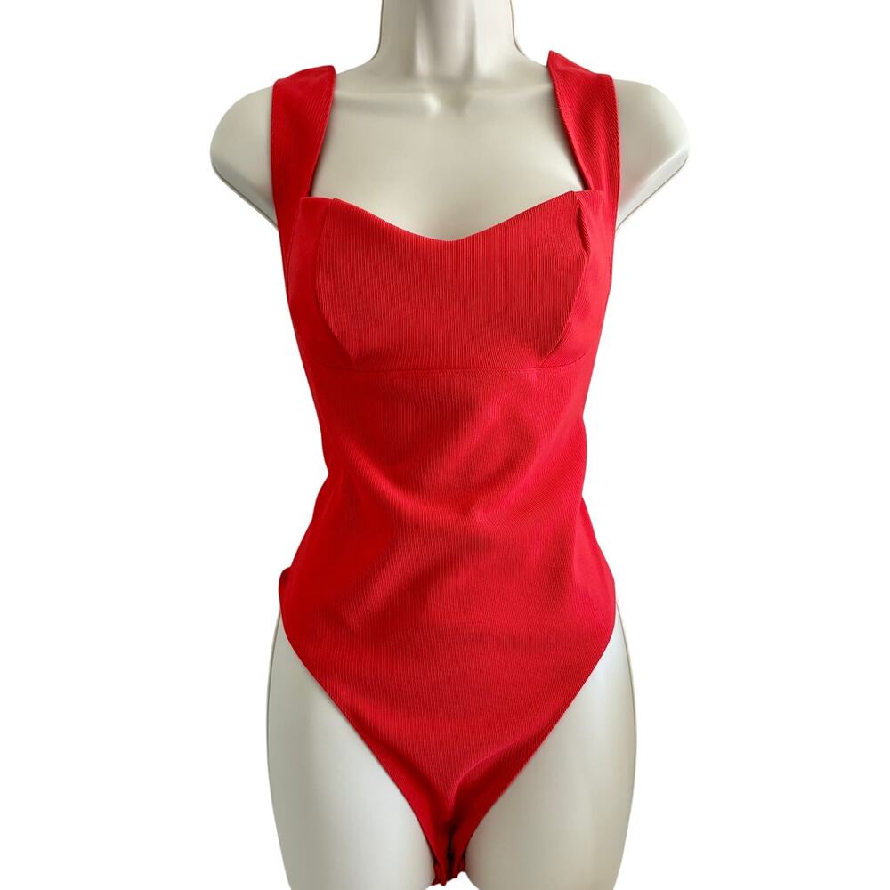 Fletch Red Orange Ribbed Knit Thong Bodysuit Top Swimsuit L